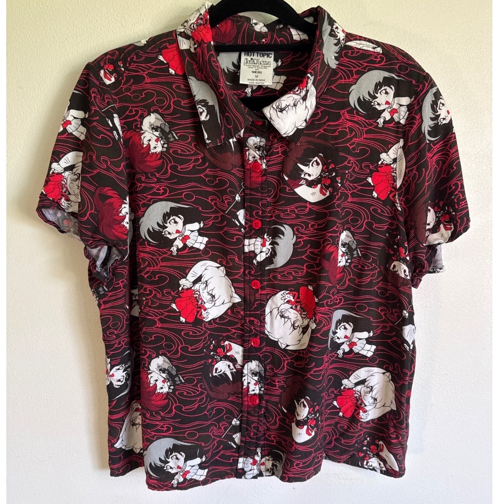 Hot Topic Inuyasha Chibi Anime Button Up Shirt Rayon Black Red Women Medium